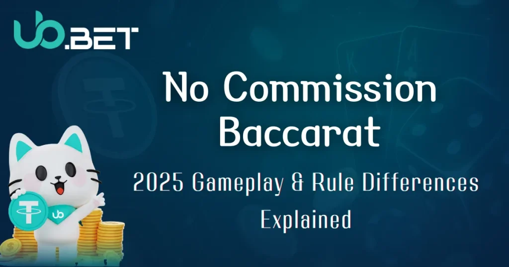 No Commission Baccarat Guide 2025|utown Rules & Mission Rewards 1 utown promo cover image with a white cat mascot holding a USDT coin and cards in the background. Text on the image says “No Commission Baccarat – 2025 Gameplay & Rule Differences Explained.”